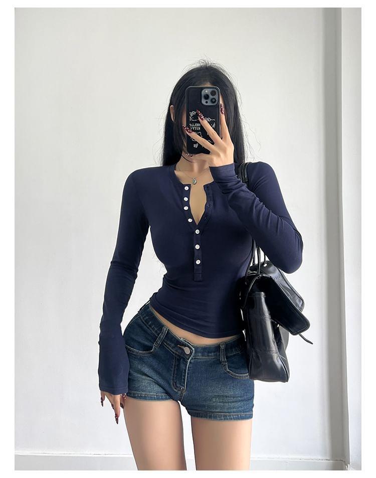 Long-Sleeve Slim-Fit Crop Henley Product Image