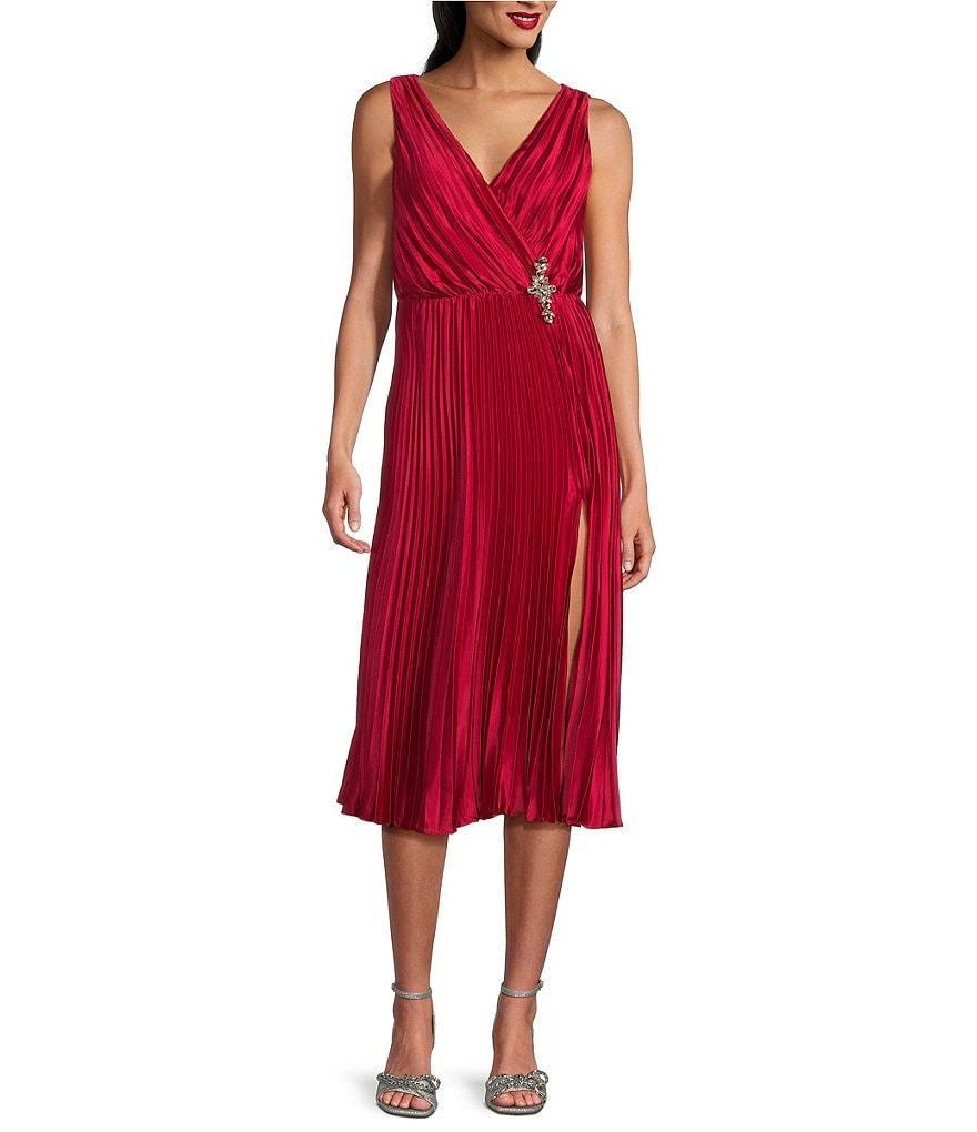 Marina Charmeuse V-Neck Sleeveless Pleated A-Line Dress Product Image