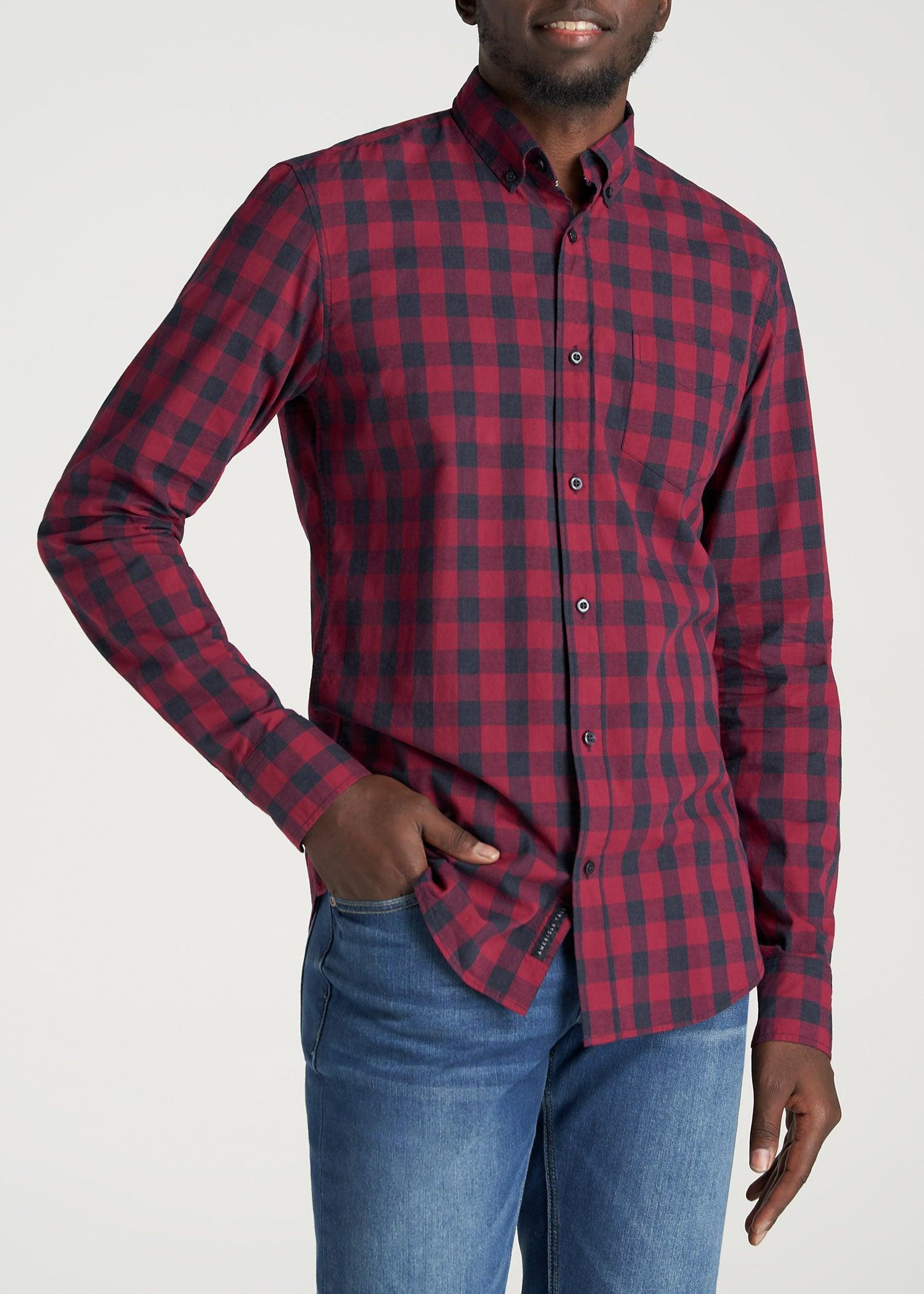 Soft-Wash Button-Up Shirt for Tall Men in Red & Deep Denim Plaid Product Image