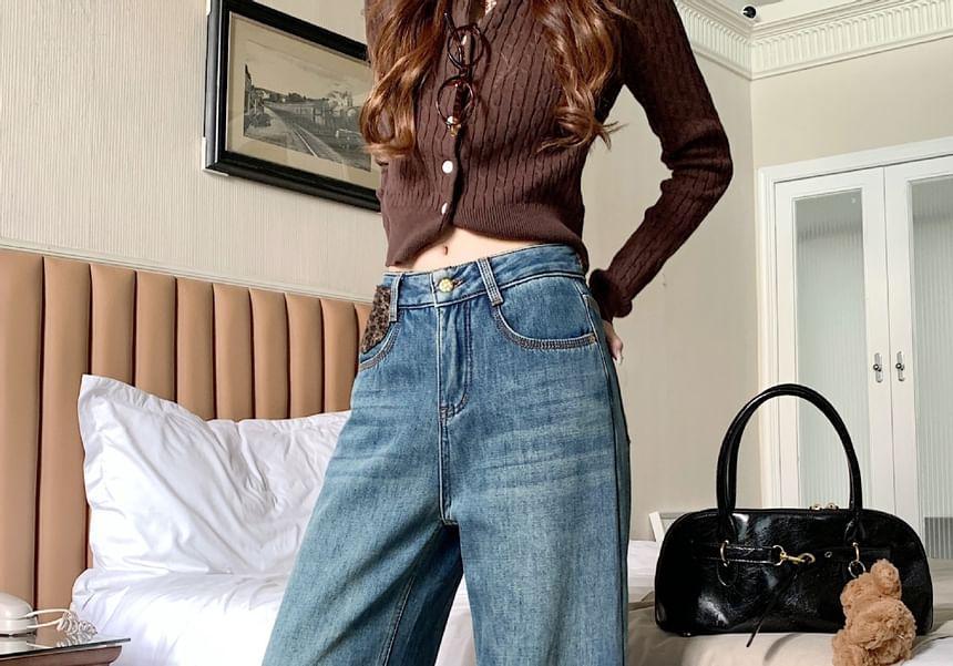 High Rise Leopard Print Panel Fleece-Lined Washed Wide Leg Jeans Product Image