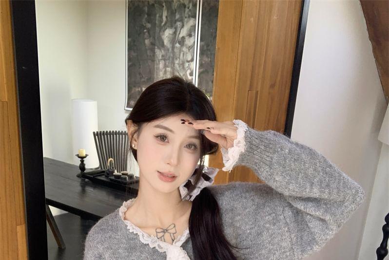 V-Neck Lace Panel Tie Front Oversized Sweater Product Image