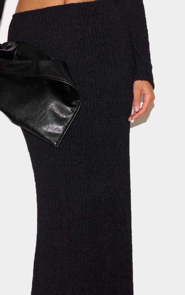 Black Textured Soft Rib Mid Rise Maxi Skirt Product Image