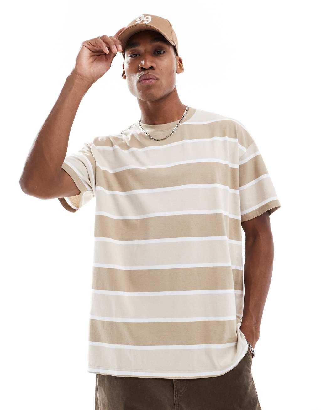 Threadbare oversized striped t-shirt in light brown Product Image