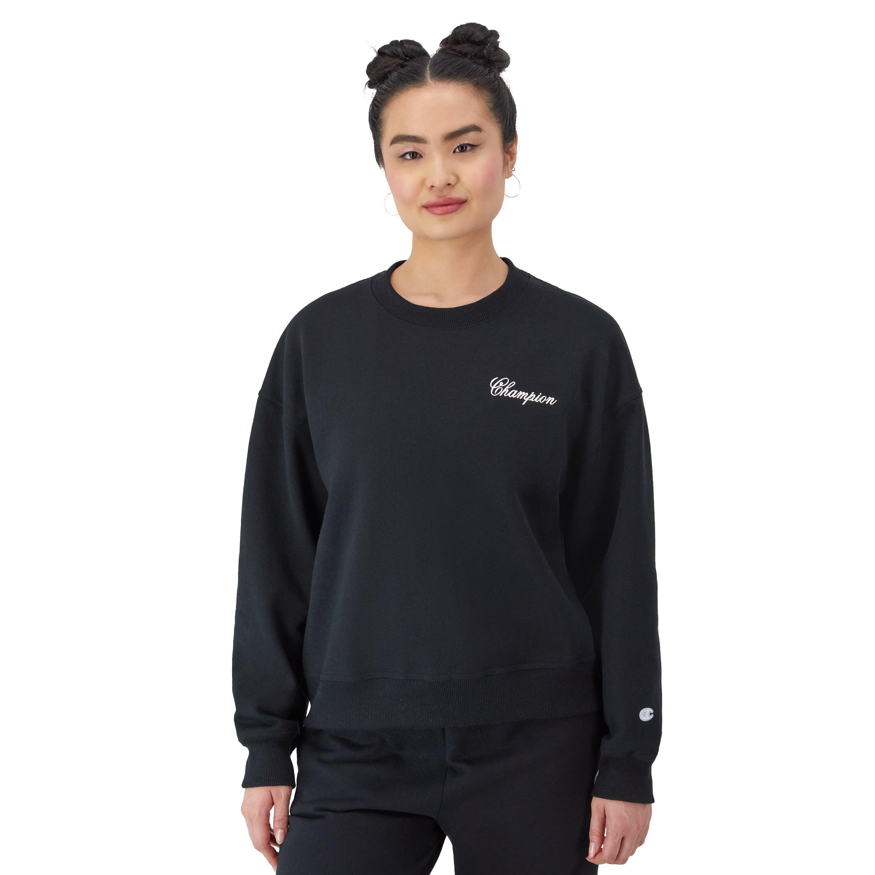 Womens Champion Powerblend Crewneck Sweatshirt, Cursive Script Logo Black/Ciel Blue XS product image