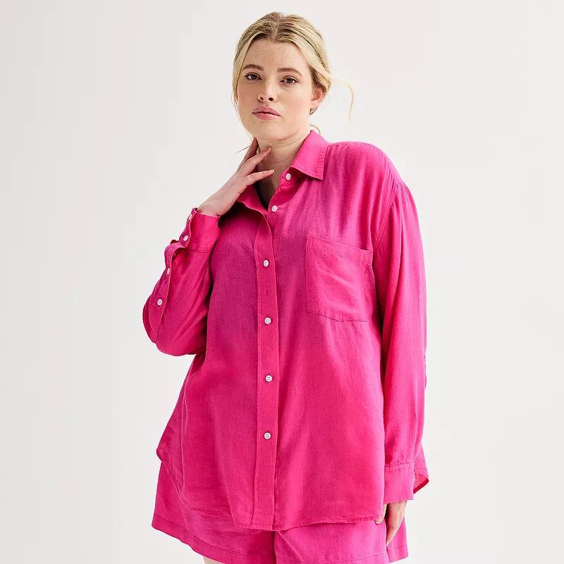 Plus Size Sonoma Goods For Life Oversized Linen-Blend Boyfriend Shirt, Womens Product Image