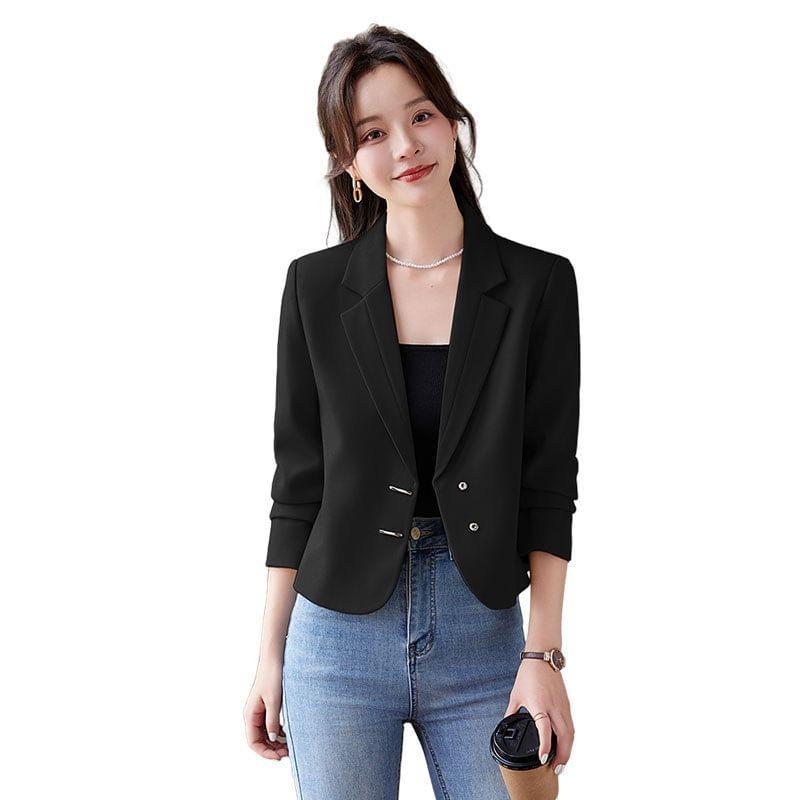 Lapel Neck Plain Cropped Button Blazer Product Image