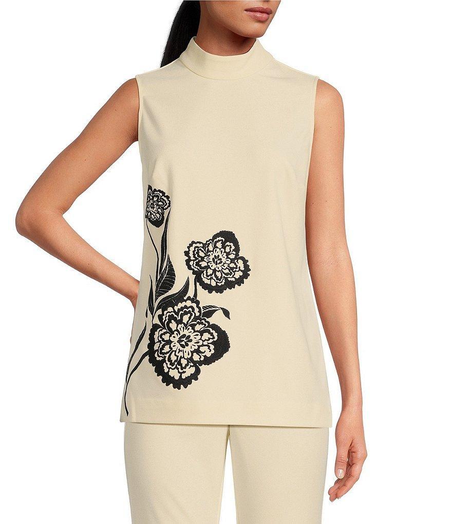 Trina Turk Isha 2 Crepe Knit Embroidered Floral Mock Neck Sleeveless Top Product Image