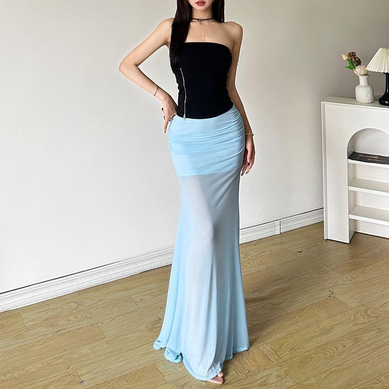 Mid Rise Plain Ruched Mesh Maxi Fishtail Skirt Product Image