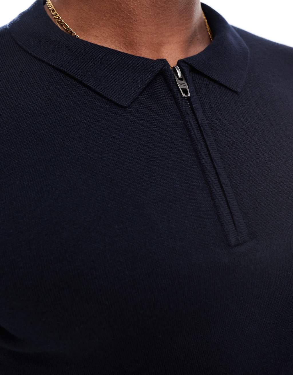 French Connection knit half zip polo tee in navy Product Image