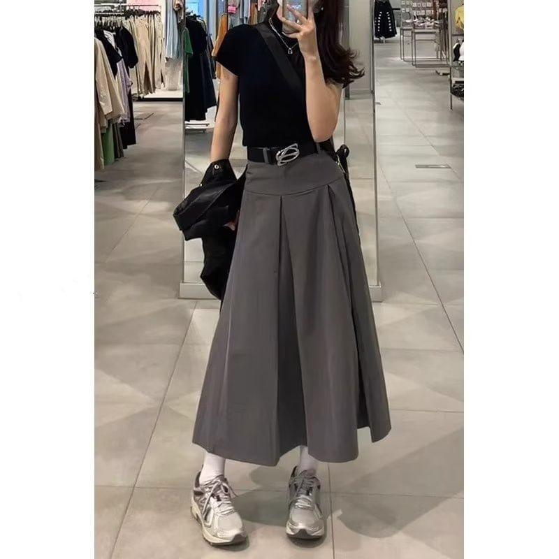 High Waist Plain Pleated Midi A-Line Skirt Product Image