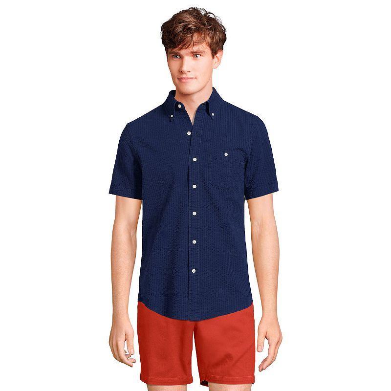 Tall Lands End Traditional-Fit Button-Down Seersucker Shirt, Mens Blue Pin Stripe Product Image