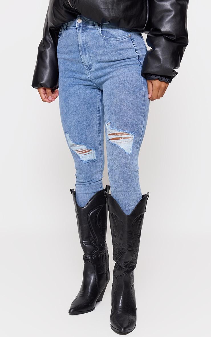 PRETTYLITTLETHING Vintage Wash Knee Rip 5 Pocket Skinny Jeans Product Image