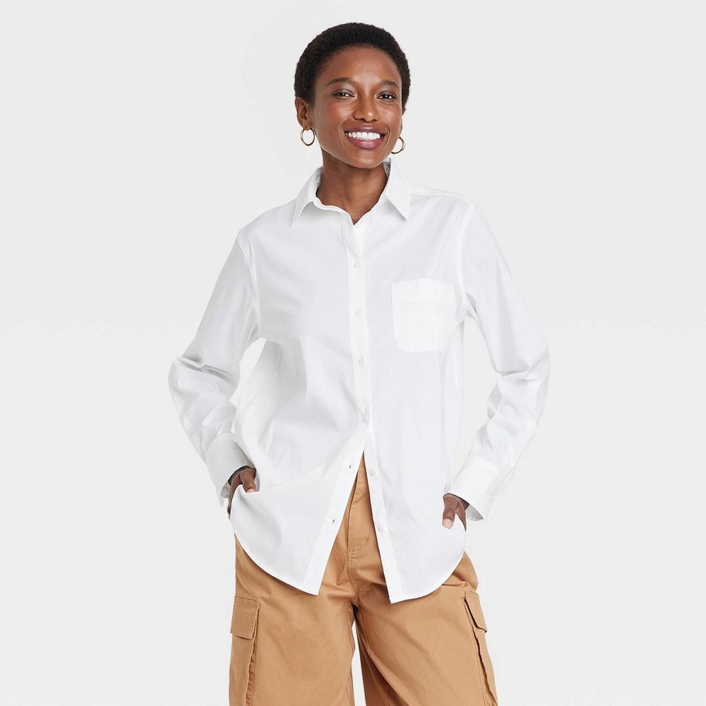 Womens Slim Fit Boyfriend Tailored Long Sleeve Button-Down Shirt - A New Day White L product image