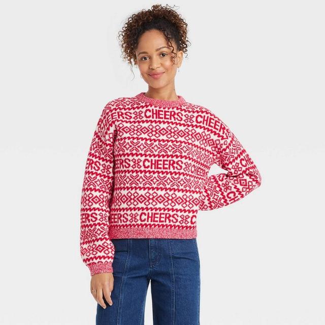 Women's Holiday Crewneck Pullover Sweater - A New Day™ Red/Cream Fair Isle Cheers XS Product Image