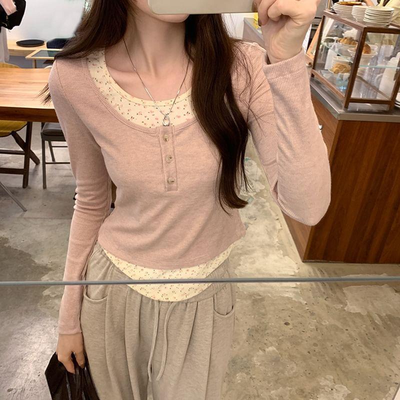 Long Sleeve Mock Two Piece Floral Print Color-Block Slim-Fit Crop Top Product Image