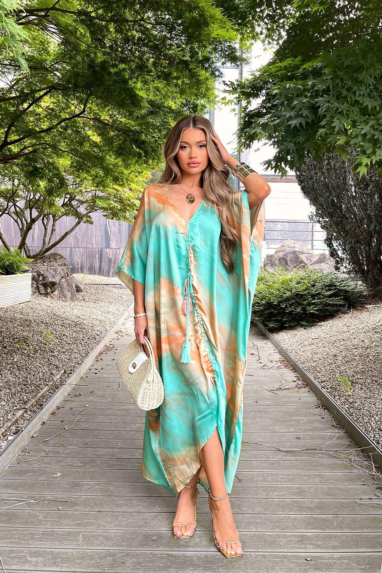 Day Trips Satin Midi Dress - Turquoise Product Image