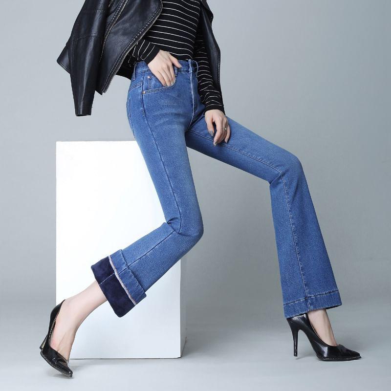 High Waist Washed Fleece-Lined Wide Leg Jeans (Various Designs) Product Image