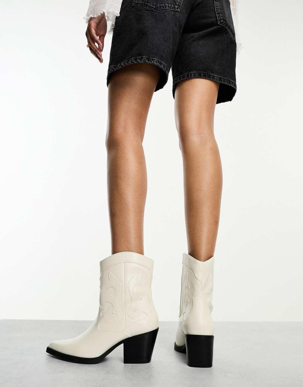 Bershka faux leather cowboy boots in off white Product Image