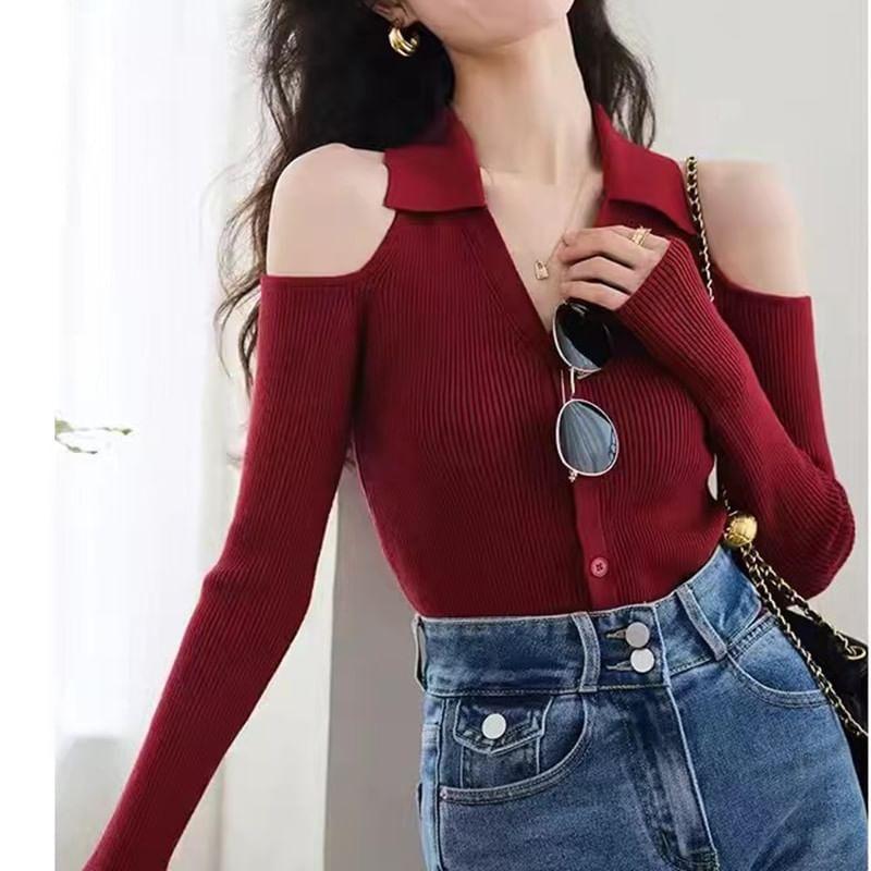 Cold-Shoulder Long Sleeve Plain Ribbed Collared Button-Up Knit Top Product Image