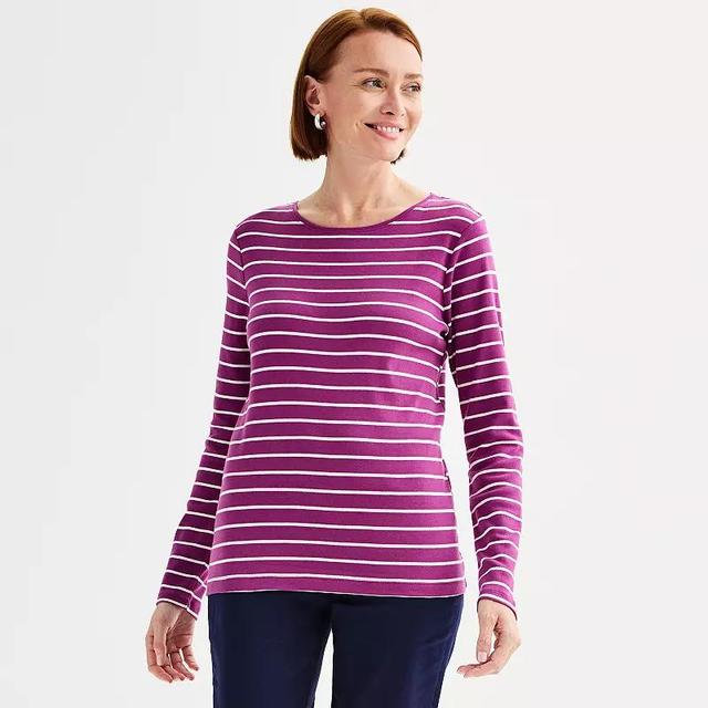 Petite Croft & Barrow Crewneck Long-Sleeve Tee, Womens Red Classy Stripe Product Image