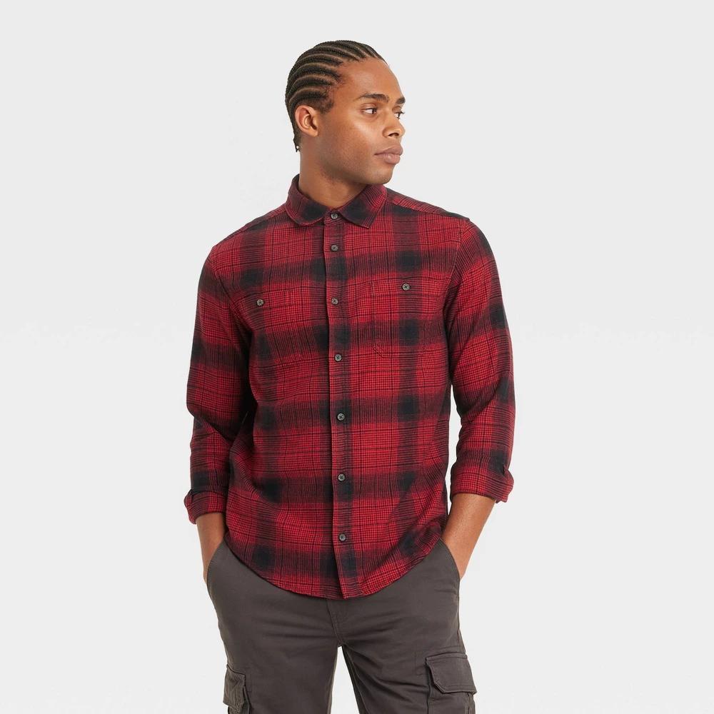 Mens Mid-Weight Flannel Long Sleeve Button-Down Shirt - Goodfellow & Co Carmine Red M Product Image