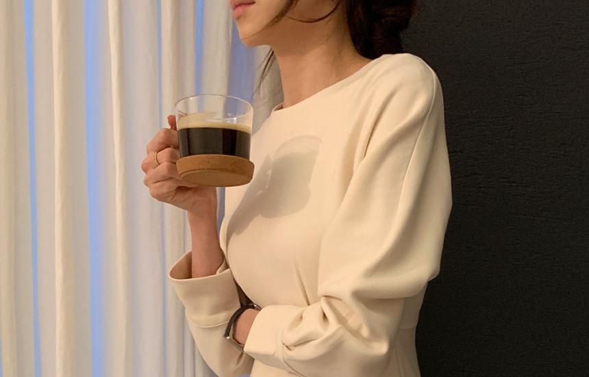 Long-Sleeve Round Neck Plain Slit Midi Sheath Dress Product Image