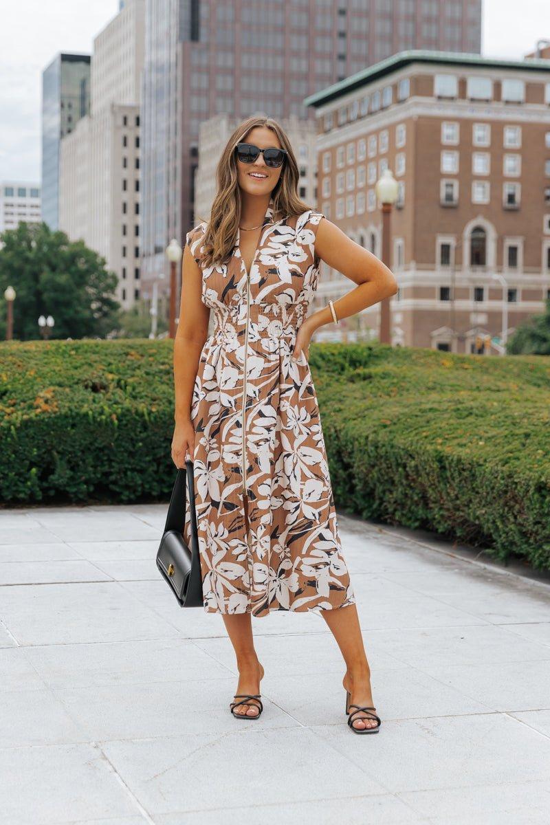 Brown Floral Zip Up Midi Dress Product Image