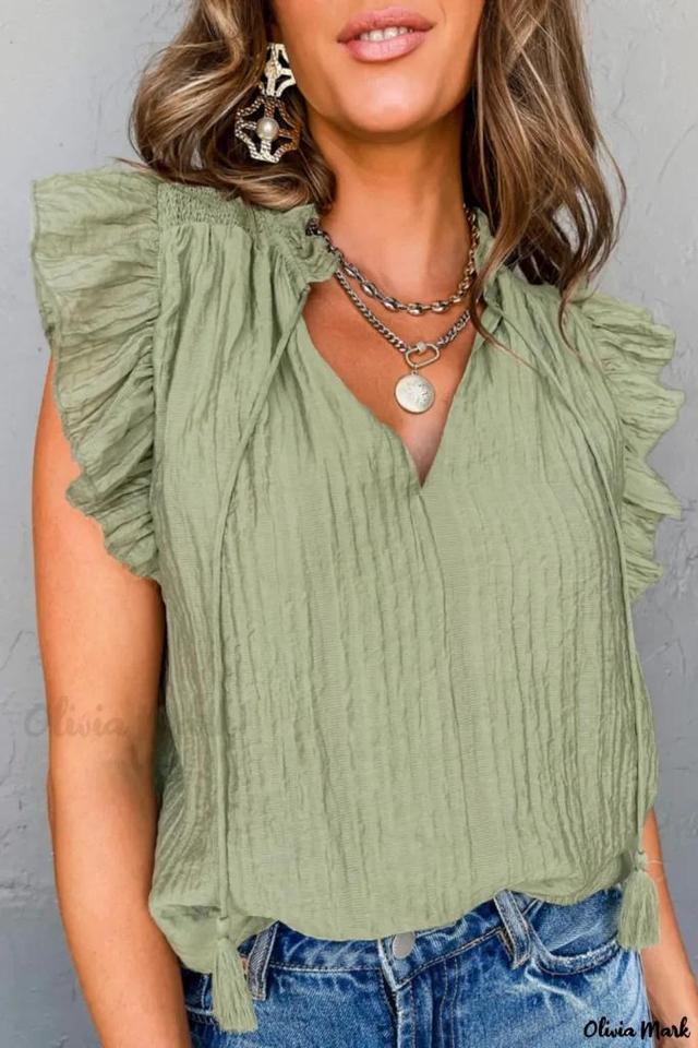 Olivia Mark – Chic and Elegant Meadow Mist Green V-Neck Flutter Sleeve Textured Blouse Product Image