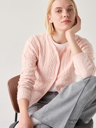 Womens Cable Crew Neck Cardigan Pink Large UNIQLO US Product Image