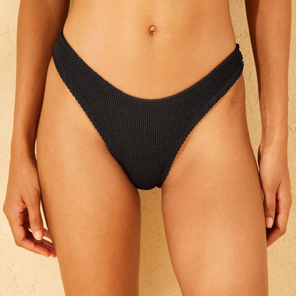 Womens Pucker Textured Low-Rise Extra High Leg Extra Cheeky Bikini Bottom - Wild Fable Black XXS Product Image