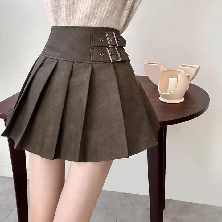 High Waist Plain Pleated Buckled Faux Leather Mini A-Line Skirt Product Image