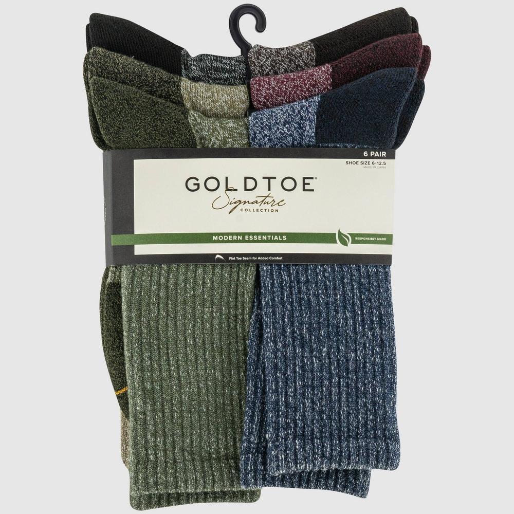 Signature Gold by GOLDTOE Mens Outdoor Cushion Crew Socks 6pk - Taupe/Olive Green/Navy Blue 6-12.5 Product Image