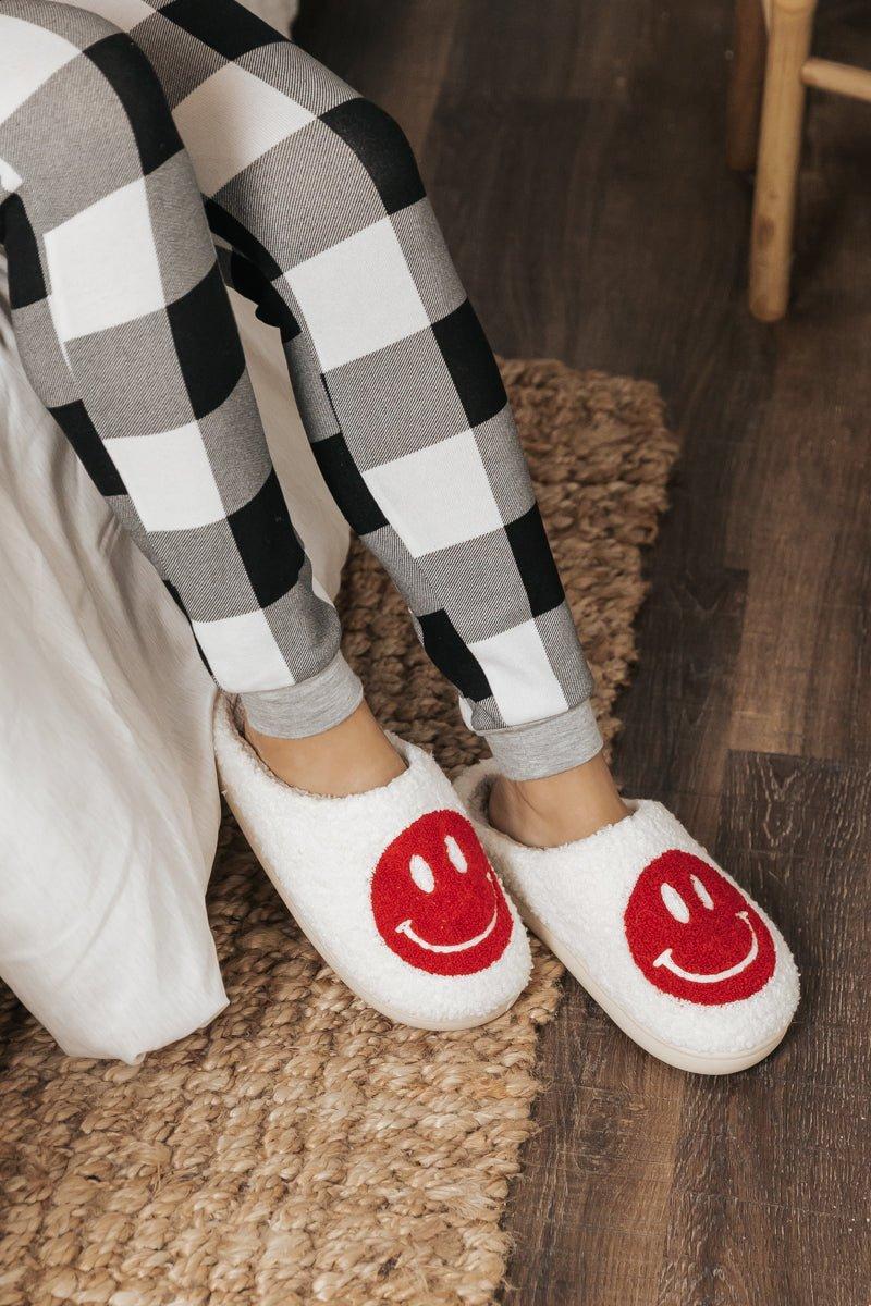 Red Smiley Face Faux Plush Slippers Product Image