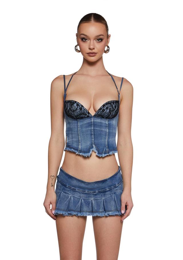 Sexy Womans Stretchy Washed Denim Lace Bustier Pleated Skirt Set - Blue Product Image