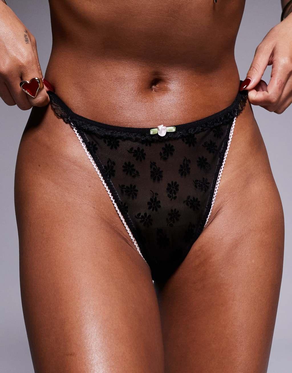 ASOS DESIGN Brodie flock t-back thong with contrast trim in black Product Image