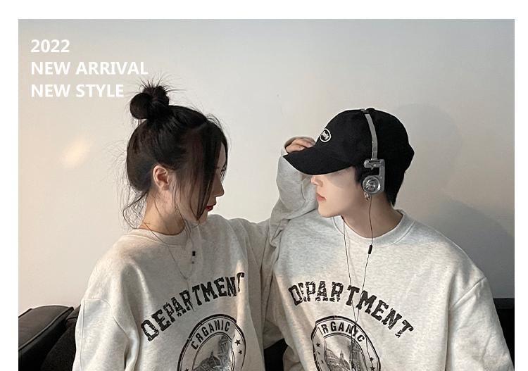 Couple Matching Round Neck Lettering Sweatshirt / High Waist Plain Mini A-Line Skirt (Various Designs) Product Image