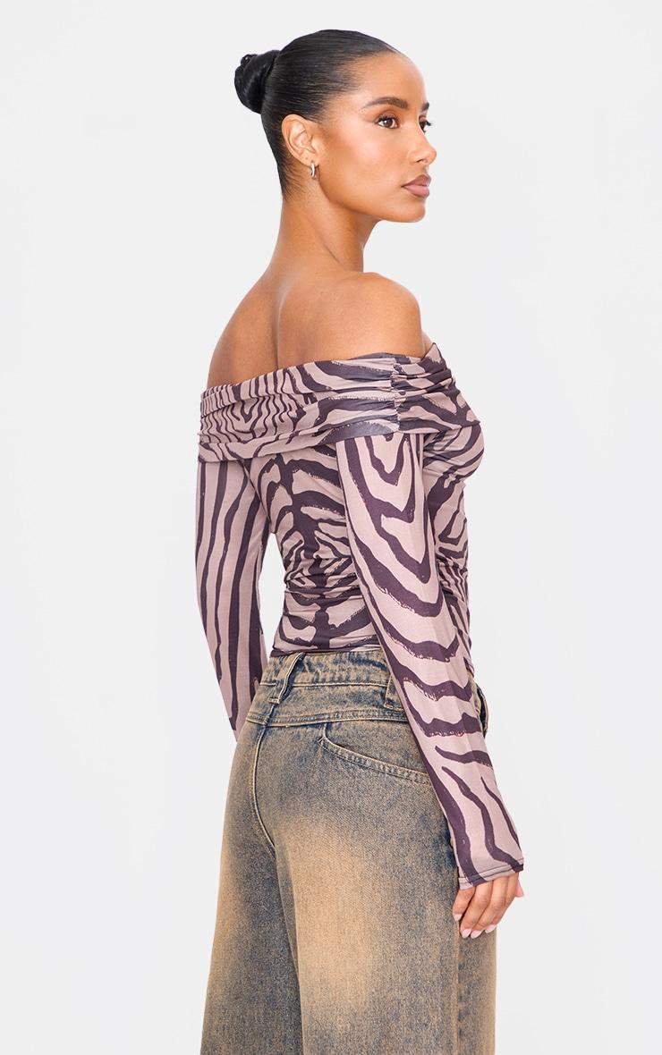 Brown Zebra Print Slinky Bardot Long Sleeve Long Top Product Image