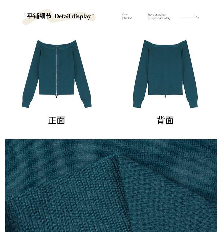 Off-Shoulder Zip-Up Knit Crop Top Product Image