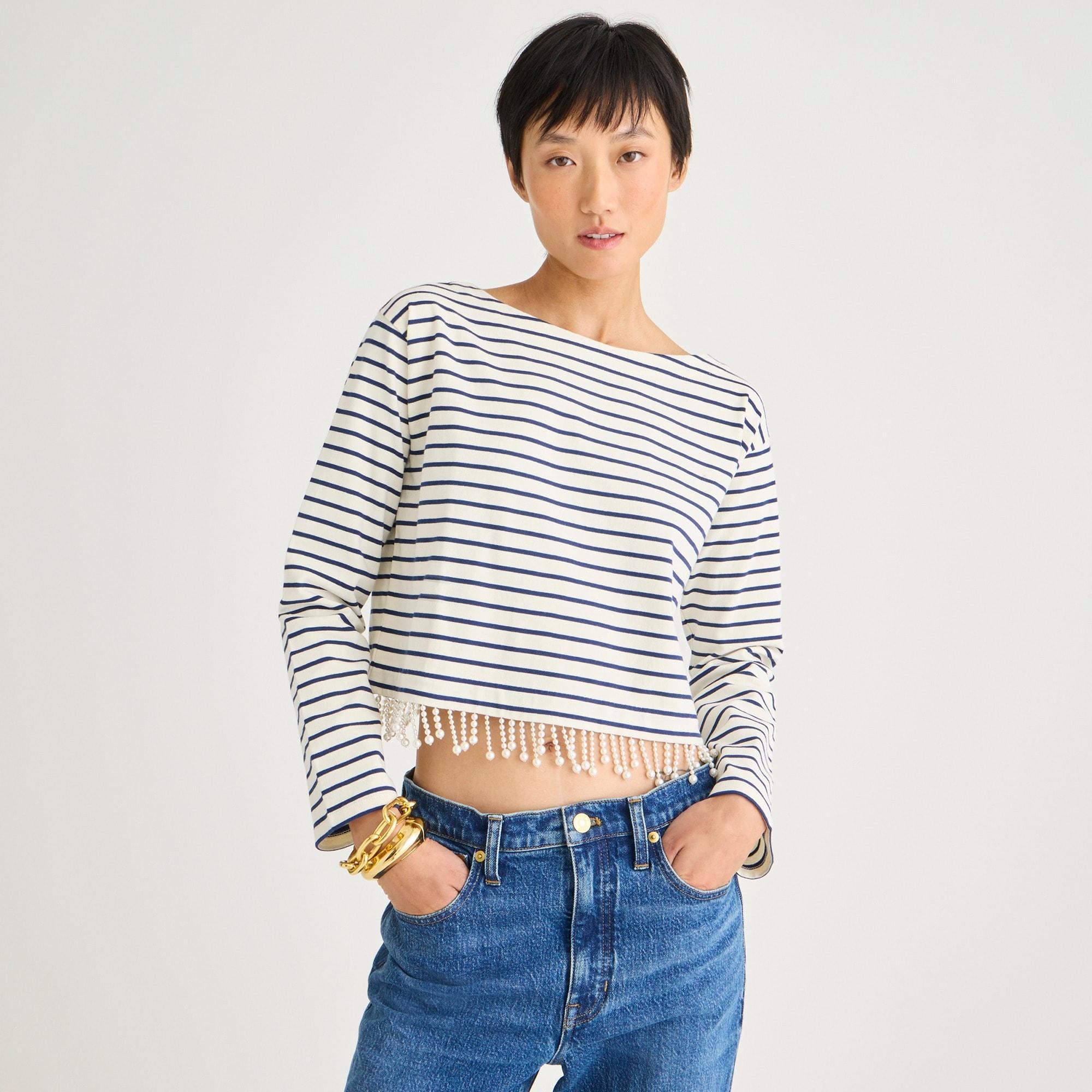 Pearl-fringe long-sleeve T-shirt in stripe product image