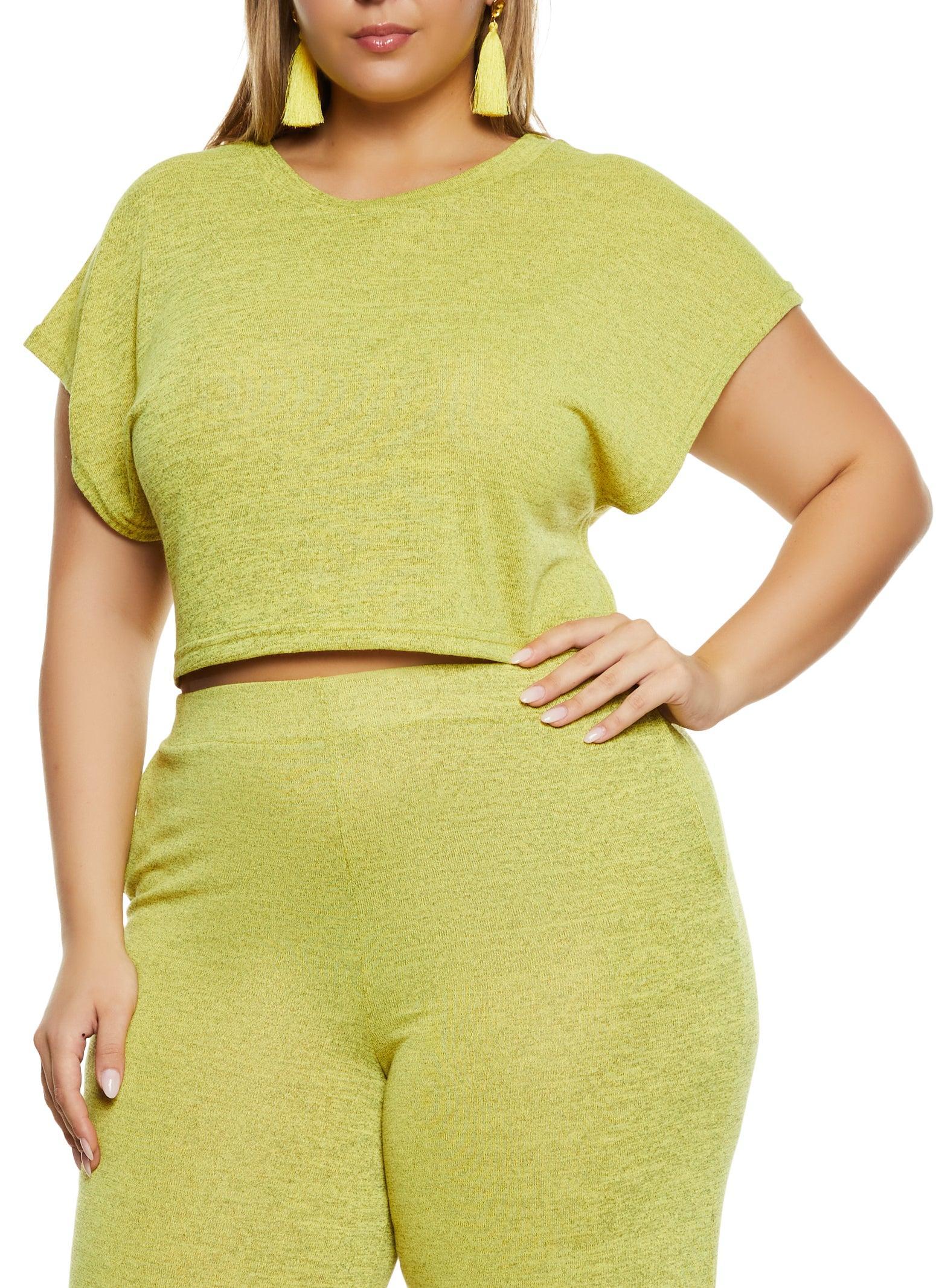 Womens Plus Size Daisy Brushed Knit Crew Neck Crop Top Product Image