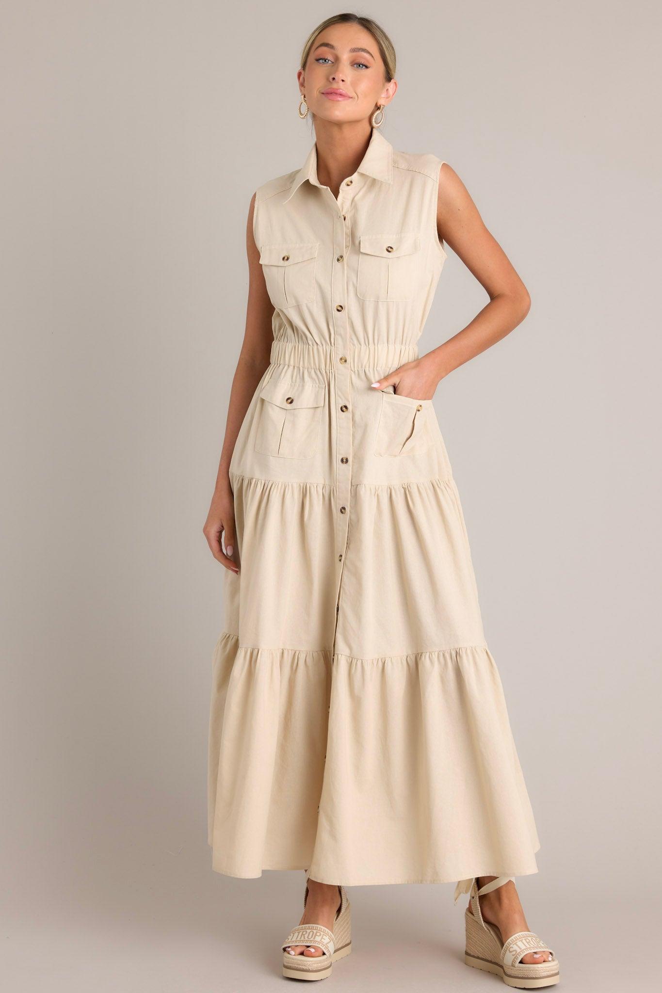 Desert Dusk Beige Button Front Tiered  Maxi Dress Product Image