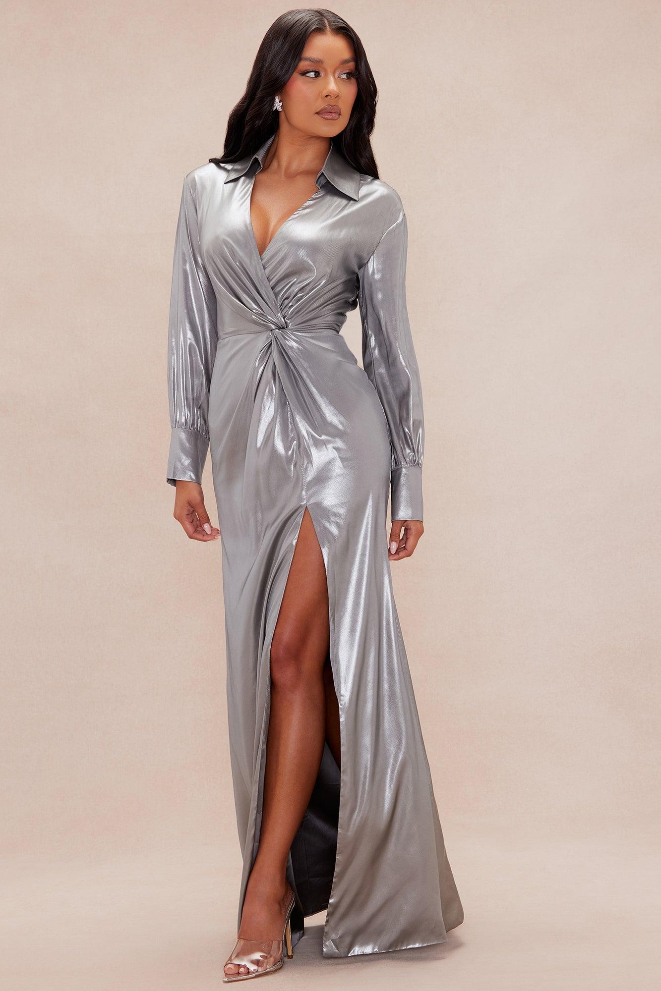 Andrea Metallic Maxi Dress - Silver Product Image