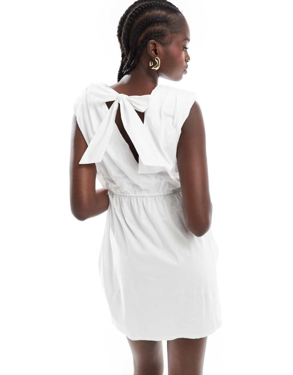 ASOS DESIGN drape detail cotton mini dress with tie back in white Product Image