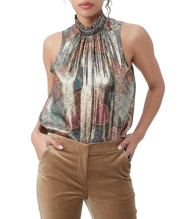 Trina Turk Rina Silk Metallic Mystical Monarch Print Smocked Mock Neck Sleeveless Top Product Image