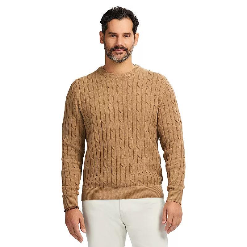 Mens IZOD Cable Knit Crewneck Pullover Sweater Camel Grey Product Image