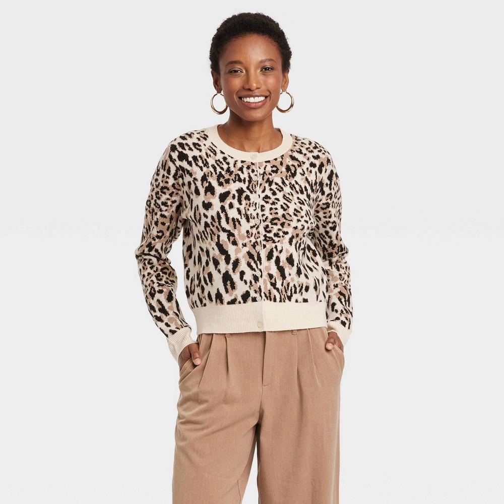 Womens Cozy Knit Cardigan - A New Day Brown Leopard Print XL Product Image