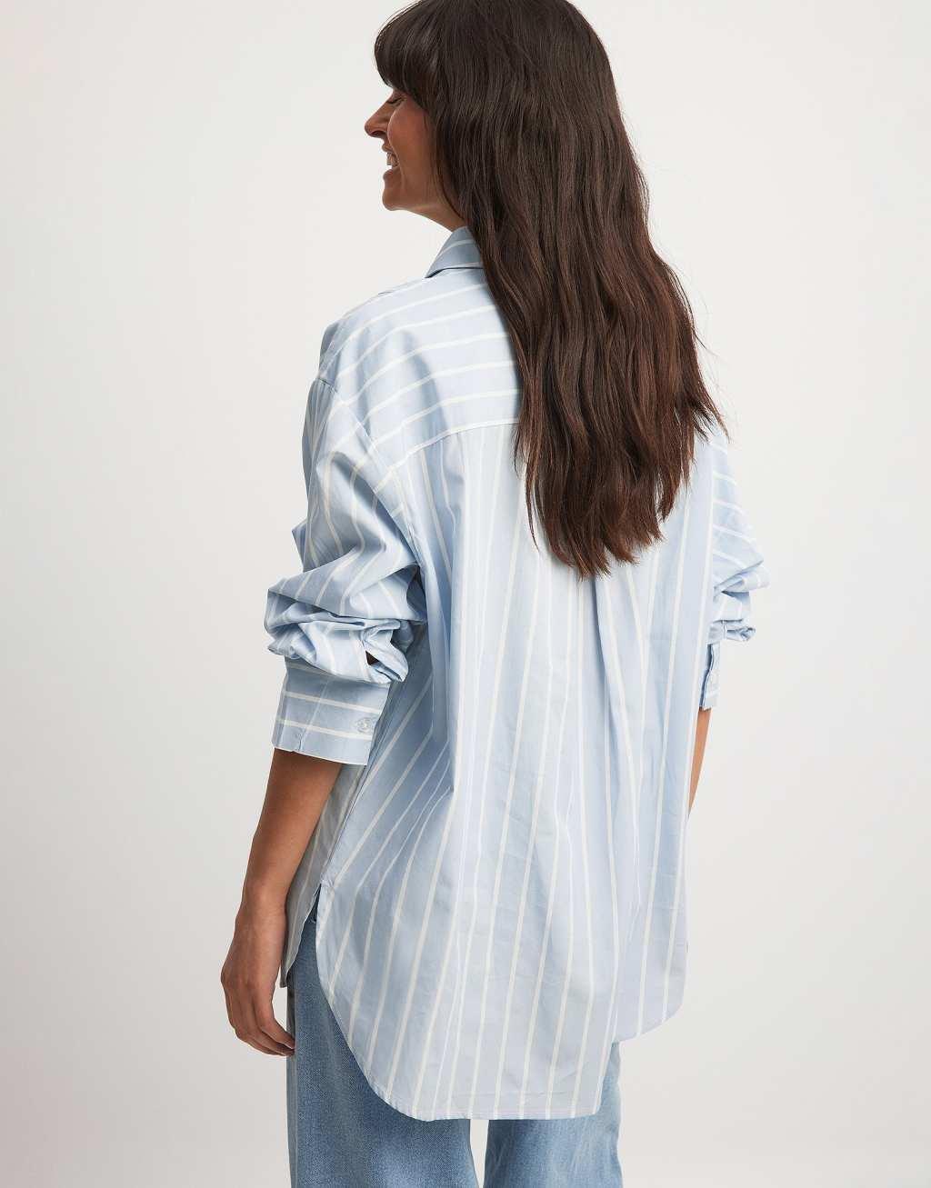 NA-KD x Laura Jane Stone oversized shirt with high cuffs in blue & white stripe Product Image