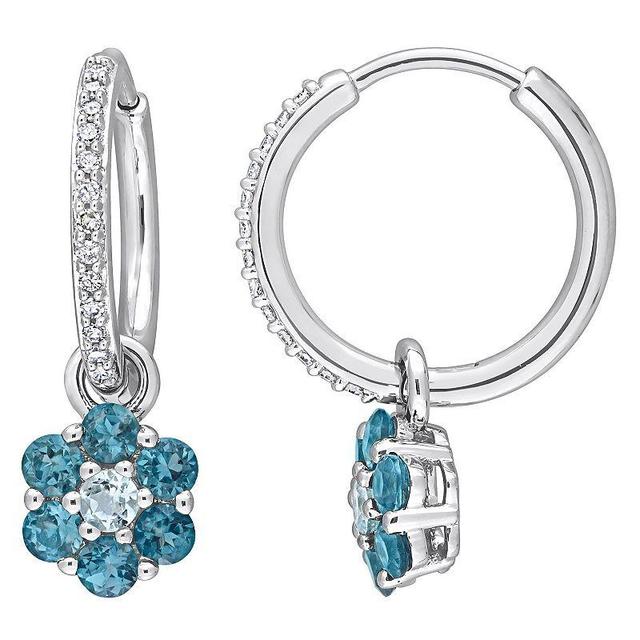 Stella Grace 10k White Gold Blue Topaz & 1/8 Carat T.W. Diamond Floral Huggie Earrings, Womens Product Image