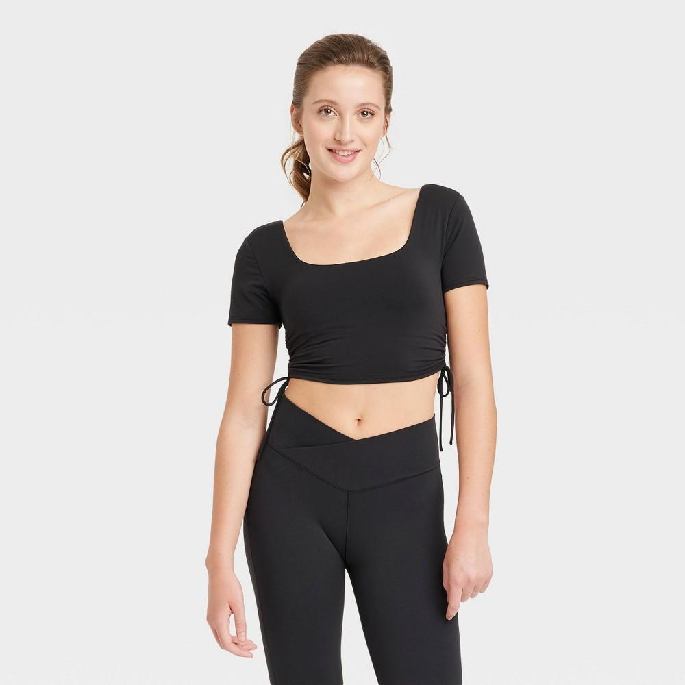 Womens Side Cinch Crop Short Sleeve Shirt - JoyLab Black Product Image