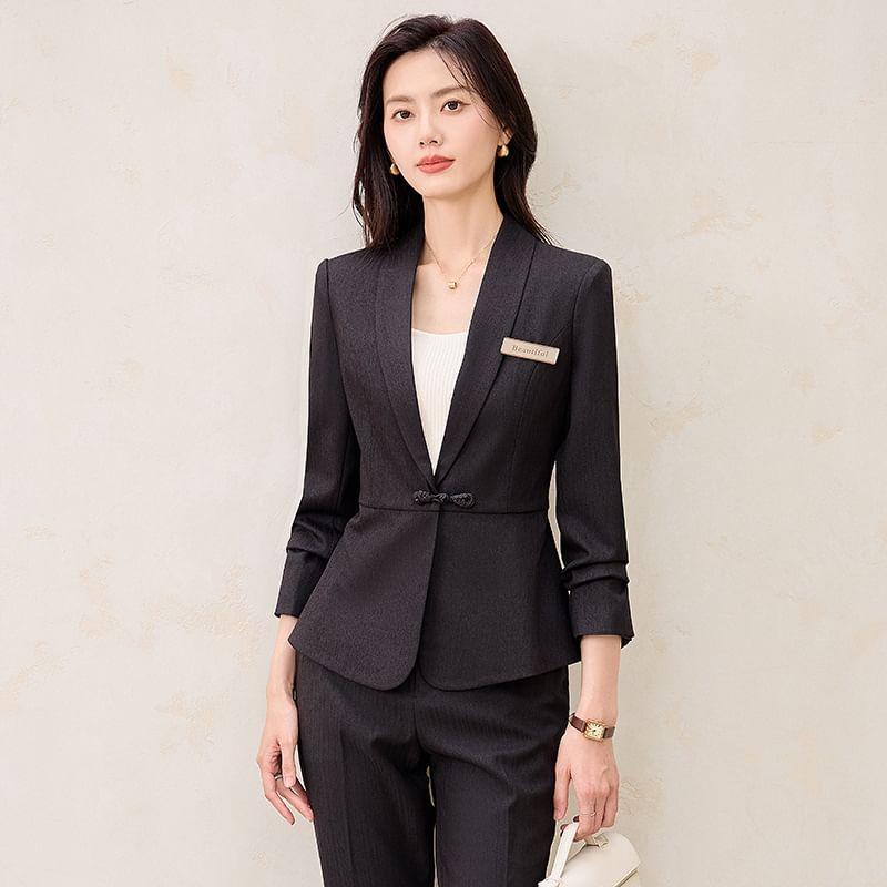 Shawl Lapel Plain Frog Closure Blazer / High Waist Flared Dress Pants / Set Product Image